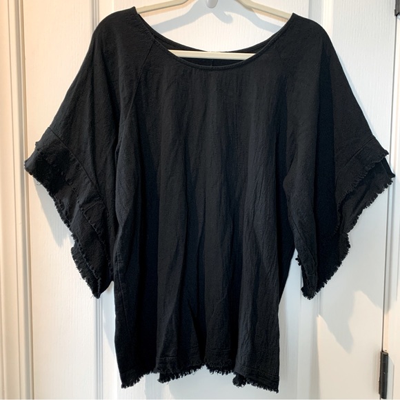 Women’s Black Round Neck Top with Layered Short Sleeves & Frayed Edges Plus 3X - Picture 3 of 8